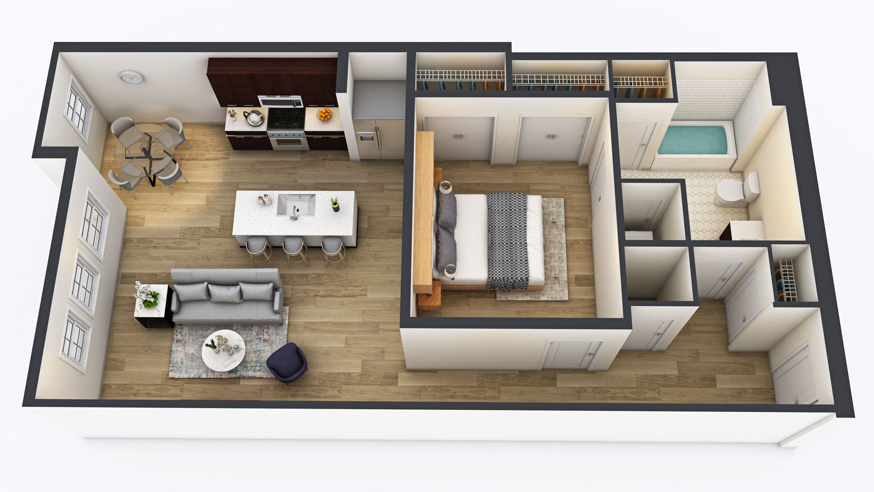 Floor plan for 1 bed, 1 bath, 791 sqft